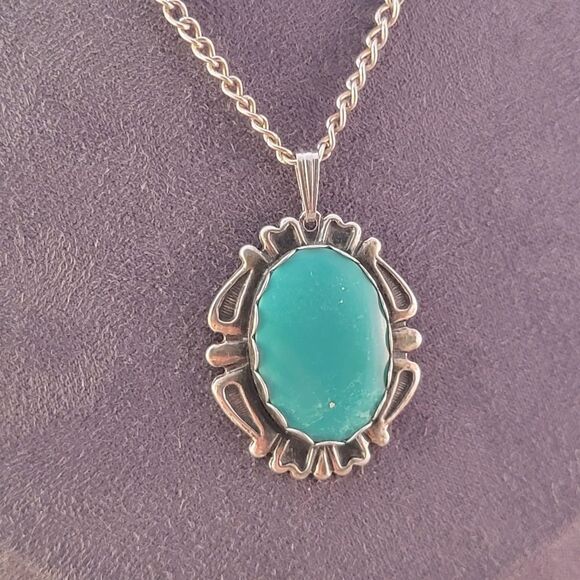Vintage Sterling Green Blue Chalcedony Art Deco Bezel Pendant - Picture 5 of 8